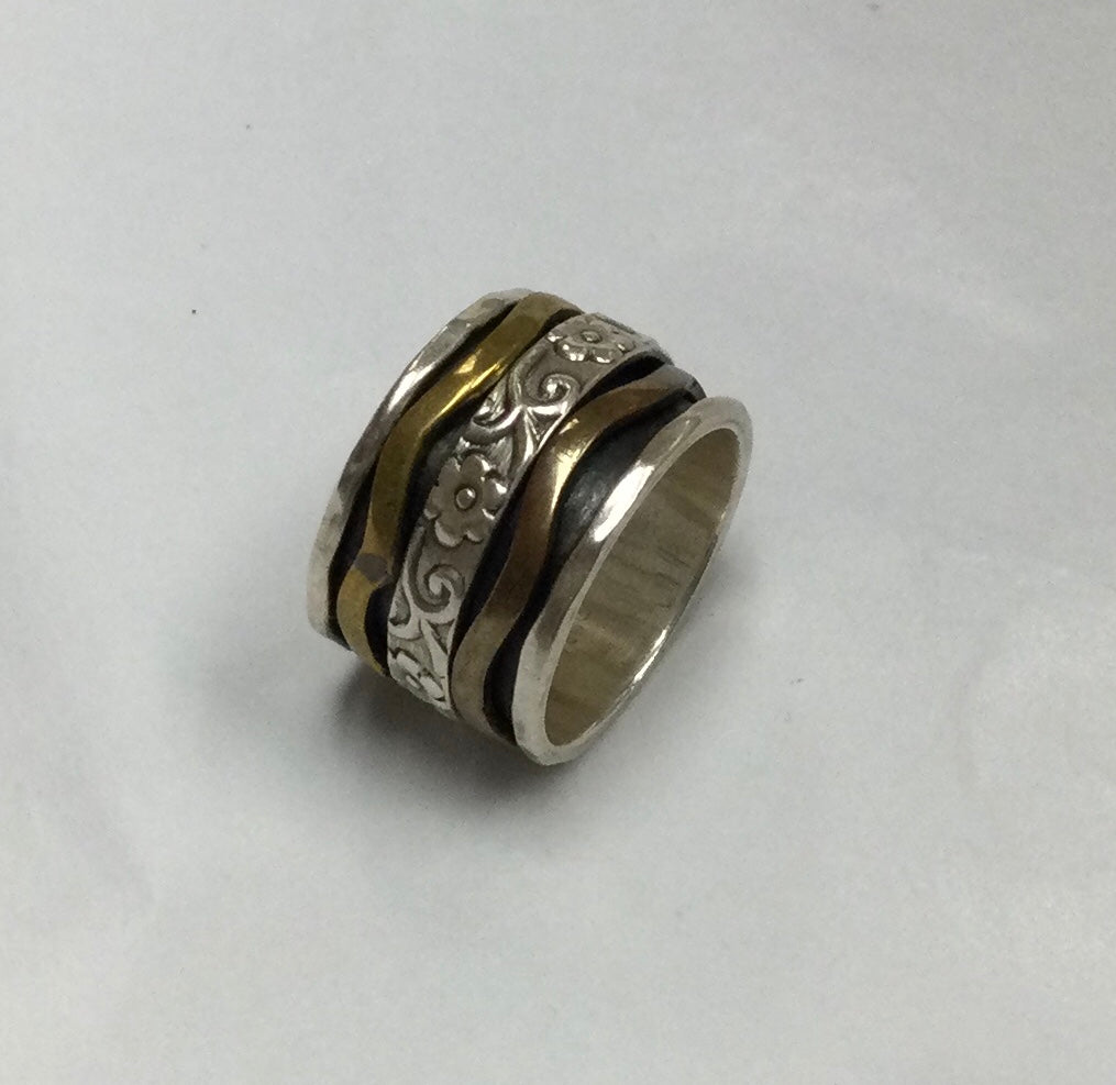 Meditation Ring, Size 7, Trimetal Rings with Silver Floral Centre