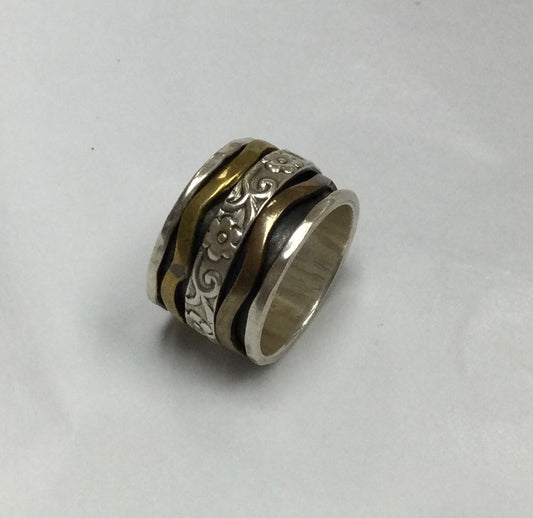 Meditation Ring, Size 7, Trimetal Rings with Silver Floral Centre