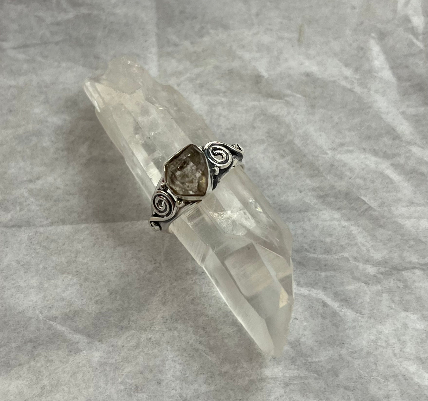 Silver Herkimer Rough Ring with Spiral Detailing