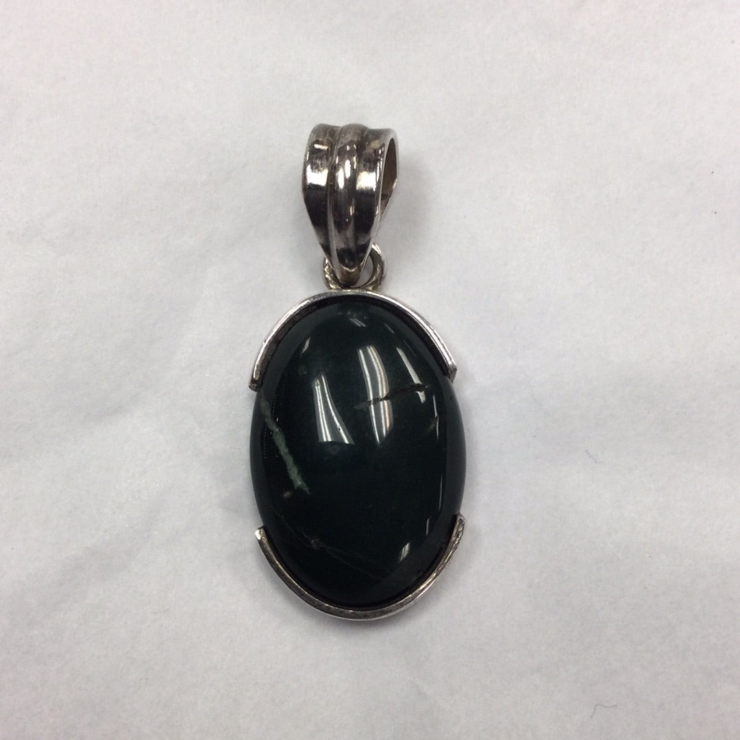 Pendant, Jade, oval, silver curve top and bottom