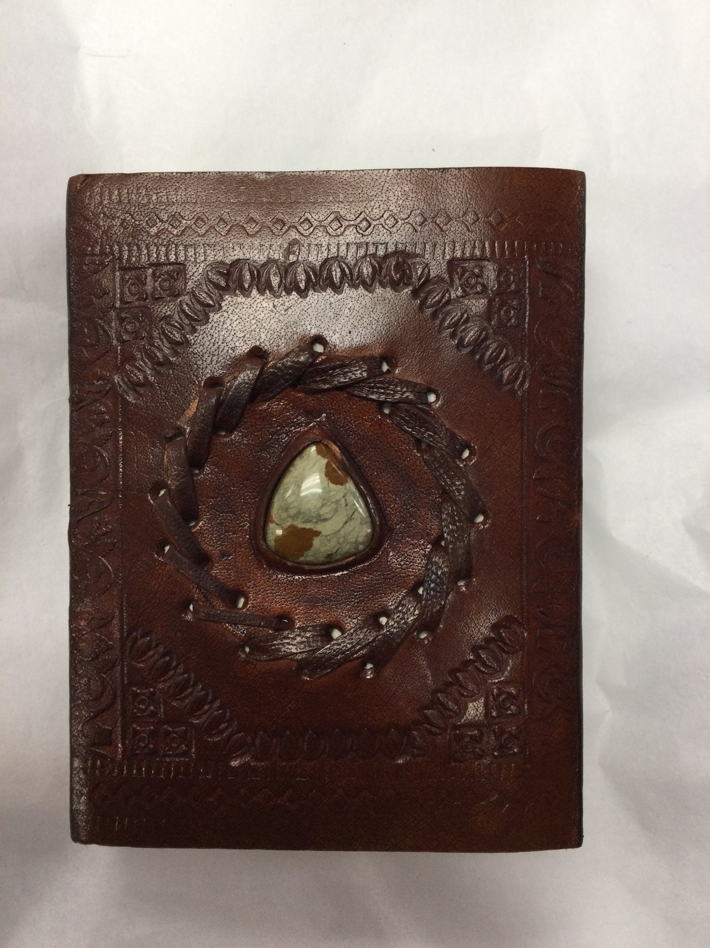 3.5x4.5 Brown Leather Journal / Notebook, Crystal Inlay, Cord Fastener