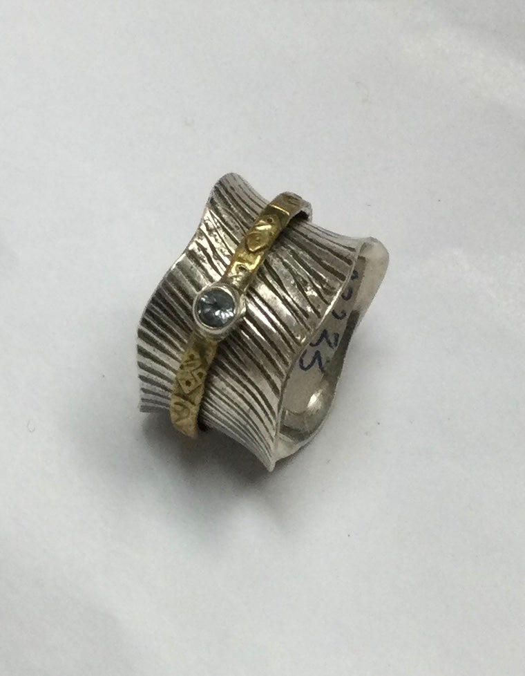 Meditation Ring, Size 8, Silver with Thin Gold Band and Stone