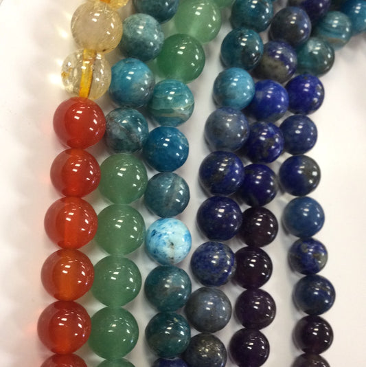 Polished Chakra Mix Strand (Amethyst, Lapis, Sodalite, Green Aventurine, Tiger Eye, Yellow Calcite, Red Jasper)