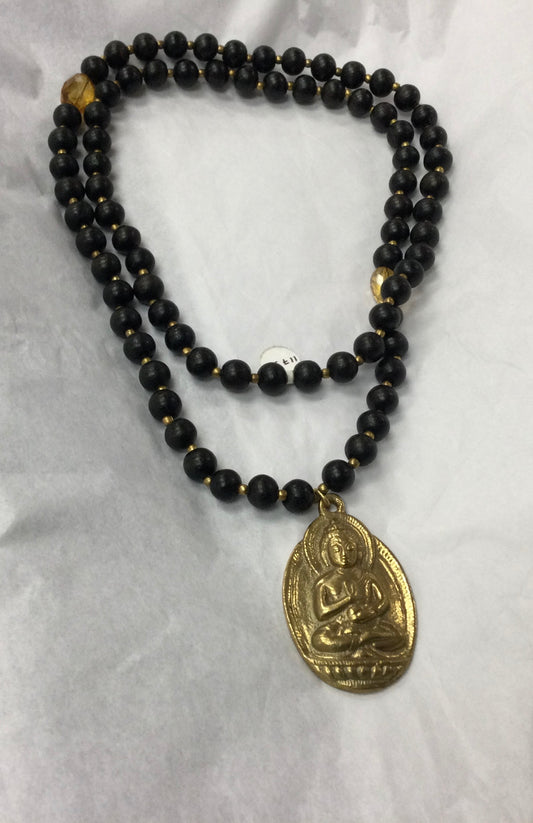 Rosewood Mala with Brass Buddha and Stones