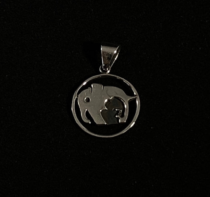 Silver Elephant and Calf Circle Pendant
