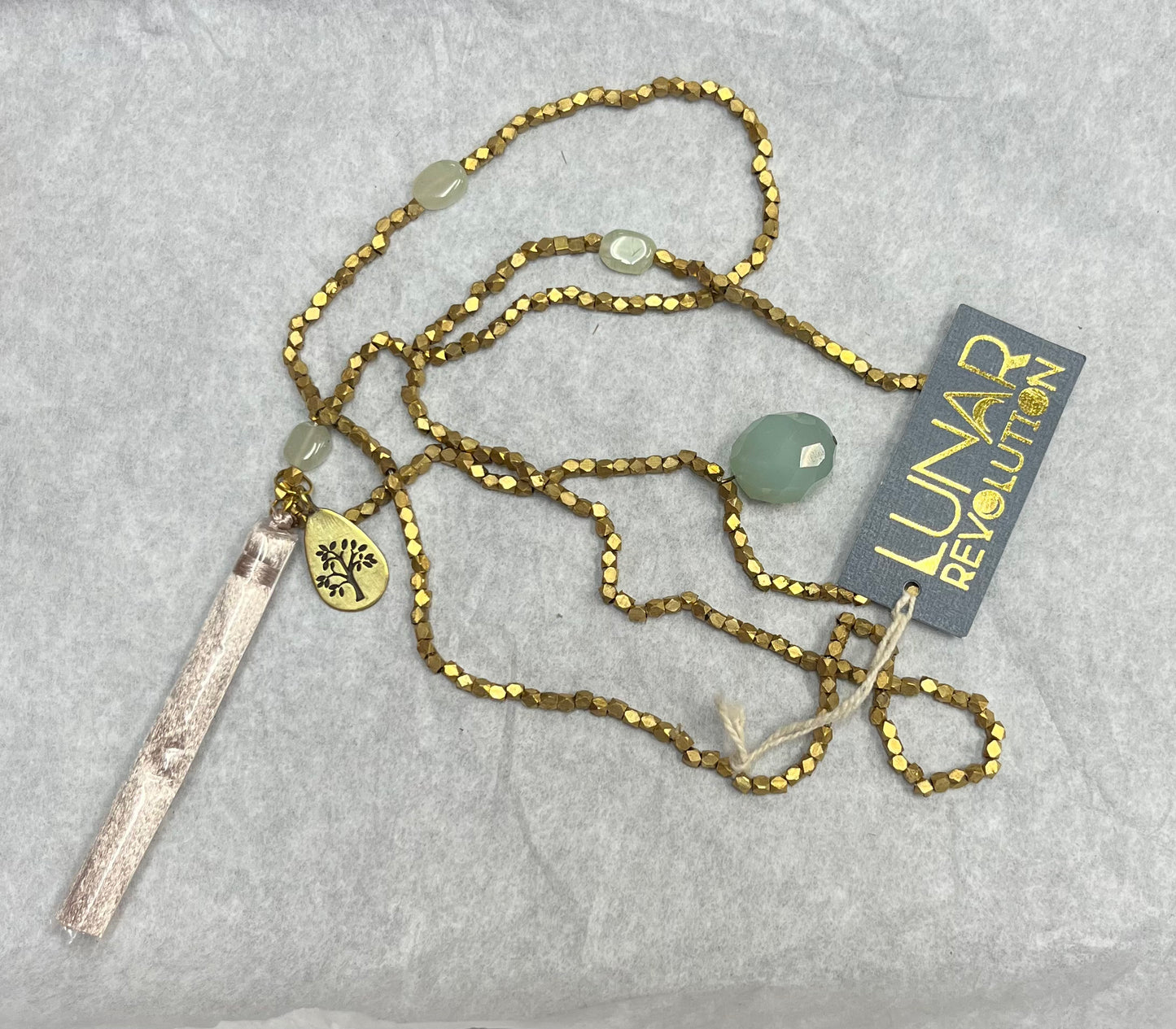 Lunar Revolution Gold Necklace Tree of Life Tassel with Chalcedony tumbled pieces