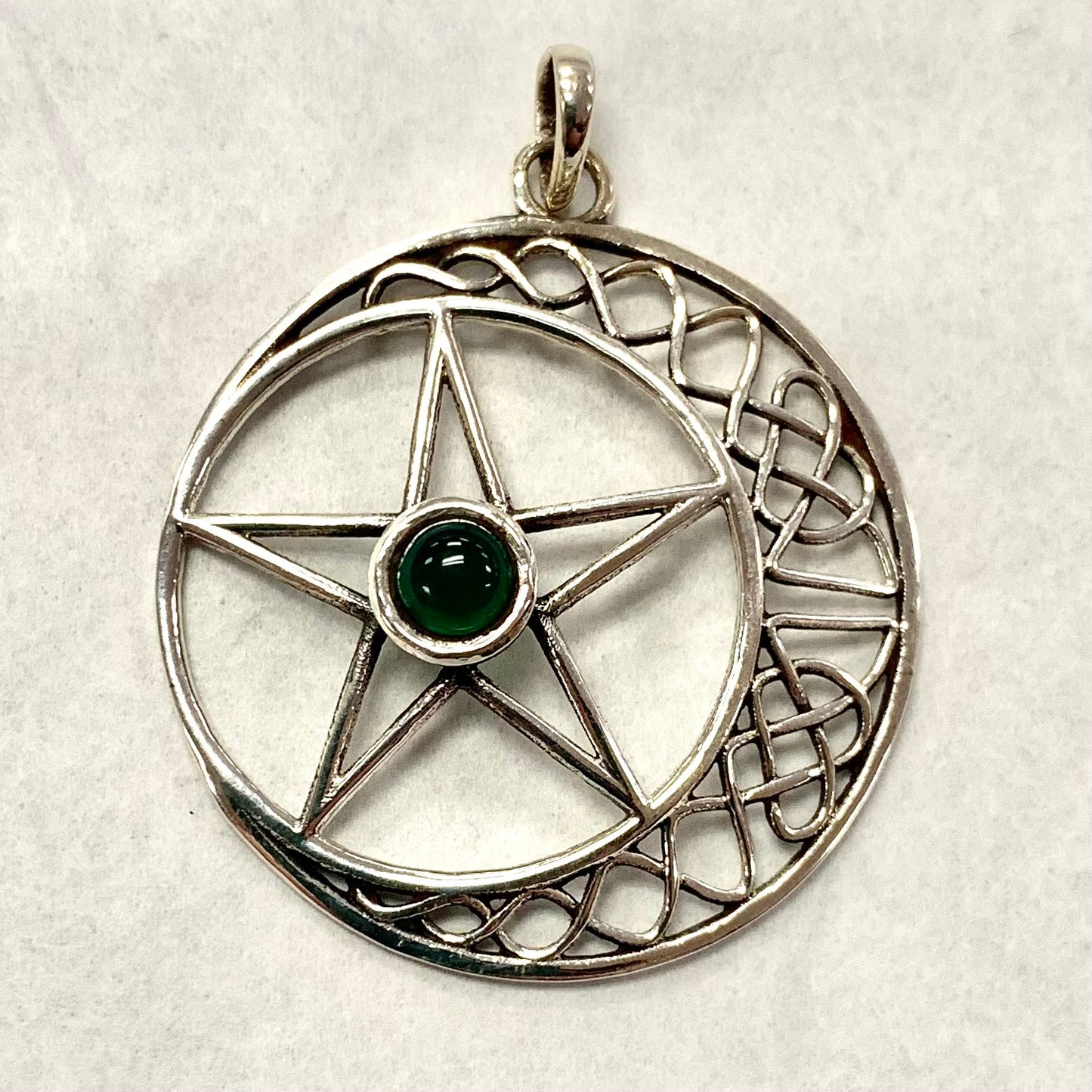 Silver Star Moon Pendant with Celtic knot and green Onyx stone
