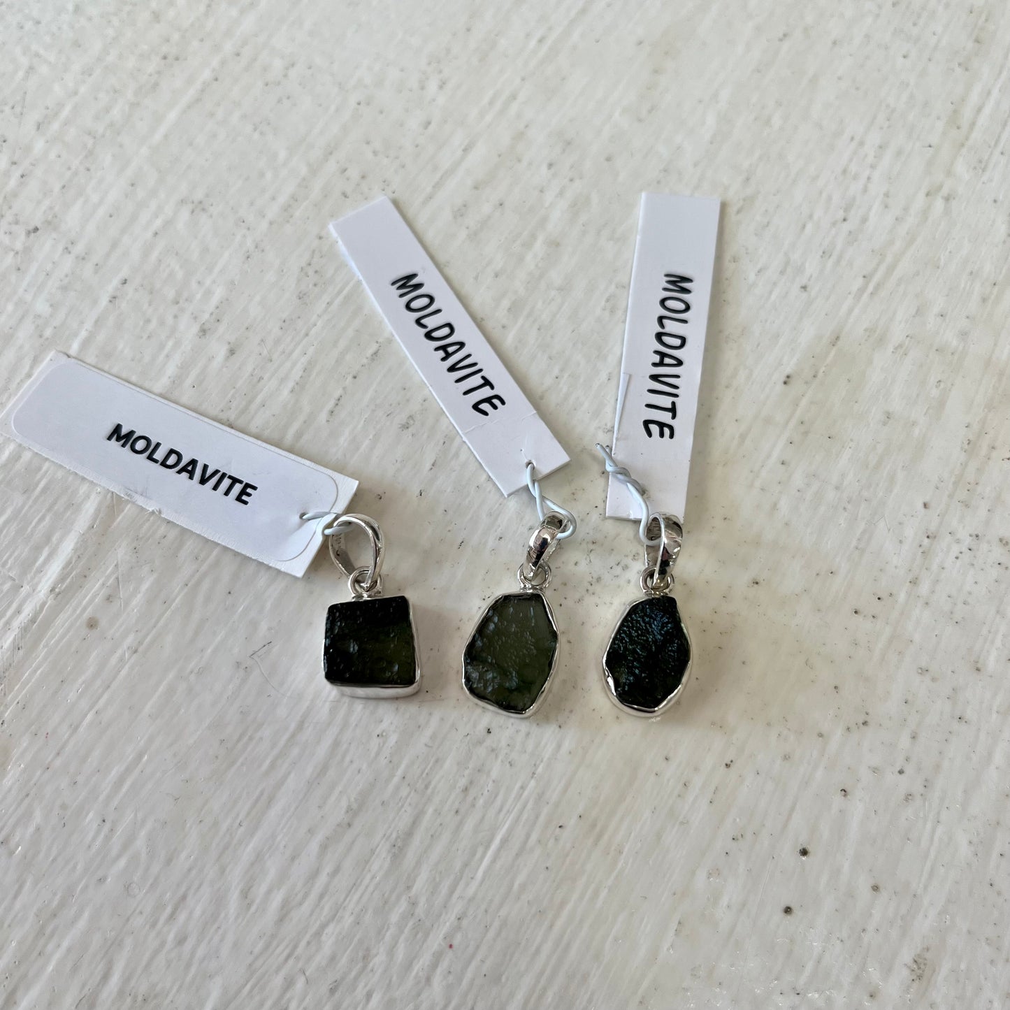 Larger Rough Moldavite Pendant (Shape vary) in Silver