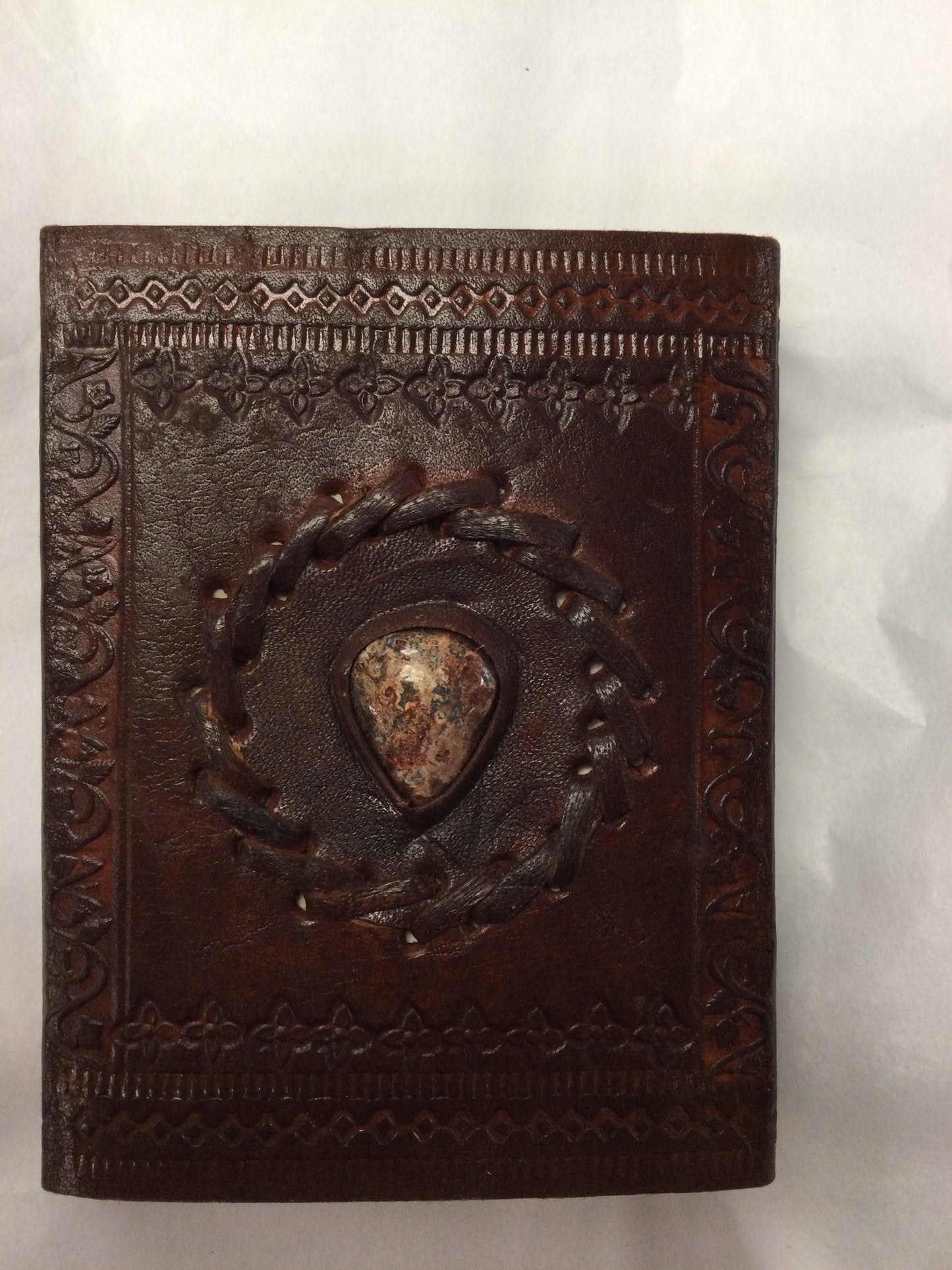 3.5x4.5 Brown Leather Journal / Notebook, Crystal Inlay, Cord Fastener