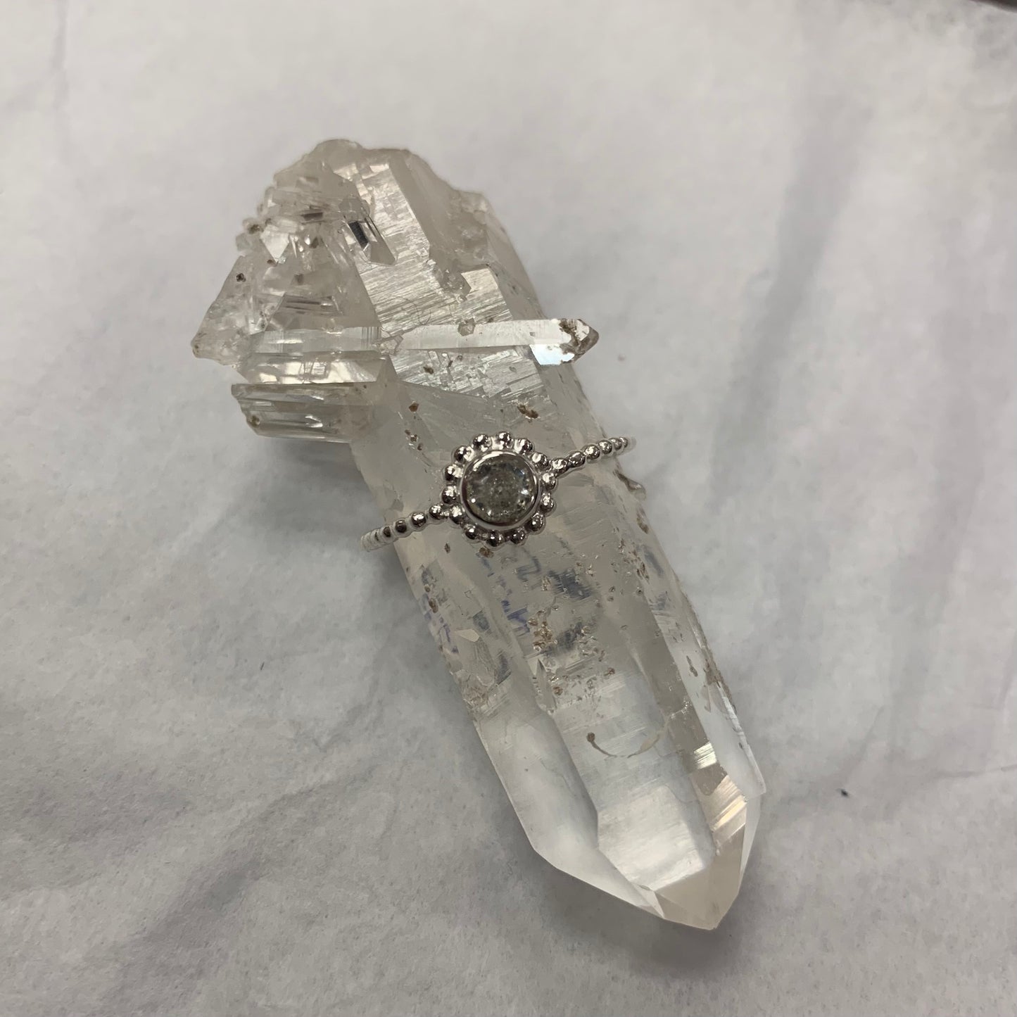 Silver flower Faceted Clear Quartz Ring size 8
