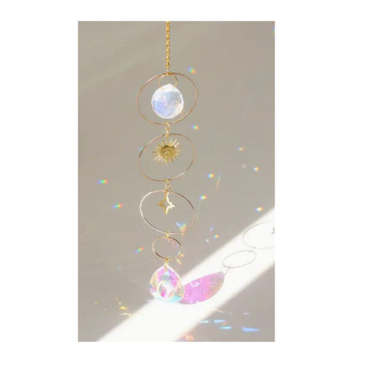 Suncatcher, Golden Metal Sun and Star, Small Sphere at Top, Large Teardrop Sphere at Bottom