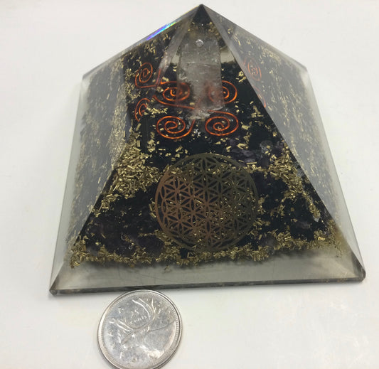 Orgonite Gold Tourmaline Pyramid with Flower of Life & Clear Quartz Point