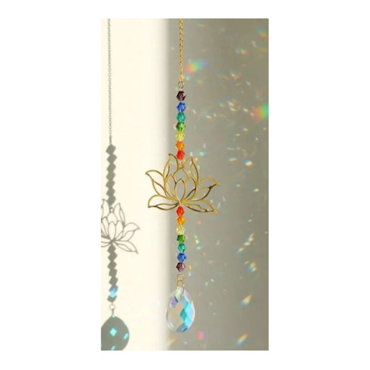 Suncatcher Gold Coloured Lotus, Chakra Beads and Large Aurora Teardrop Prism
