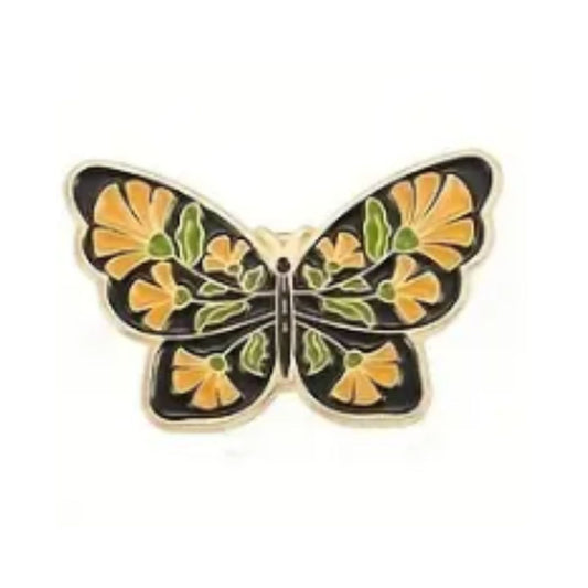 Pin, Butterfly, Black with Green Leaves/Yellow Flowers