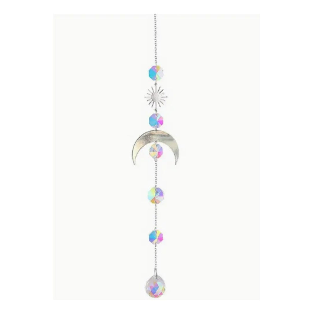 Suncatcher, Silvery Metal Moon and Sun with 5 Octagonal Prisms and Large Hanging Prism