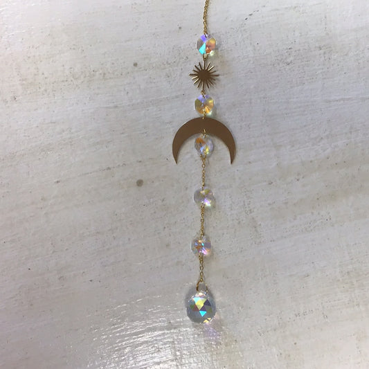 Suncatcher, Golden Metal Moon and Sun with 5 Octagonal Prisms and Large Hanging Prism