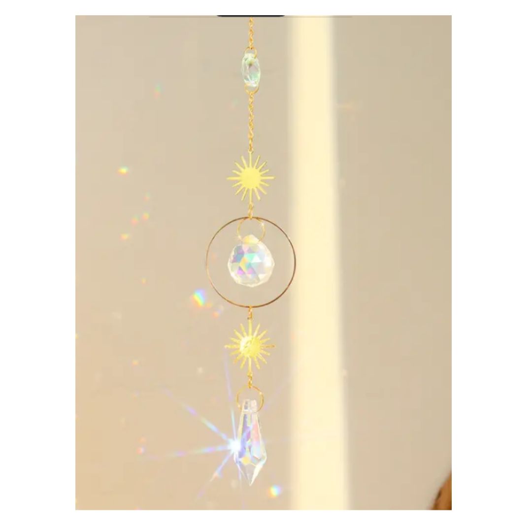 Suncatcher, Golden Metal Suns and Circle, 3 Different Prisms