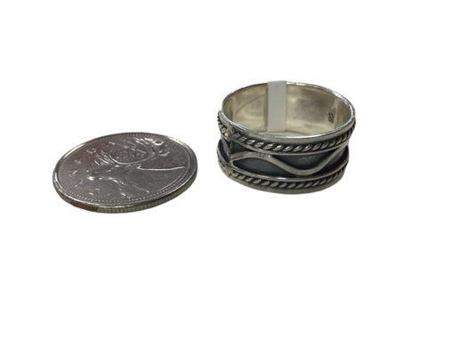Ornate Silver Band with Curved Lines Ring