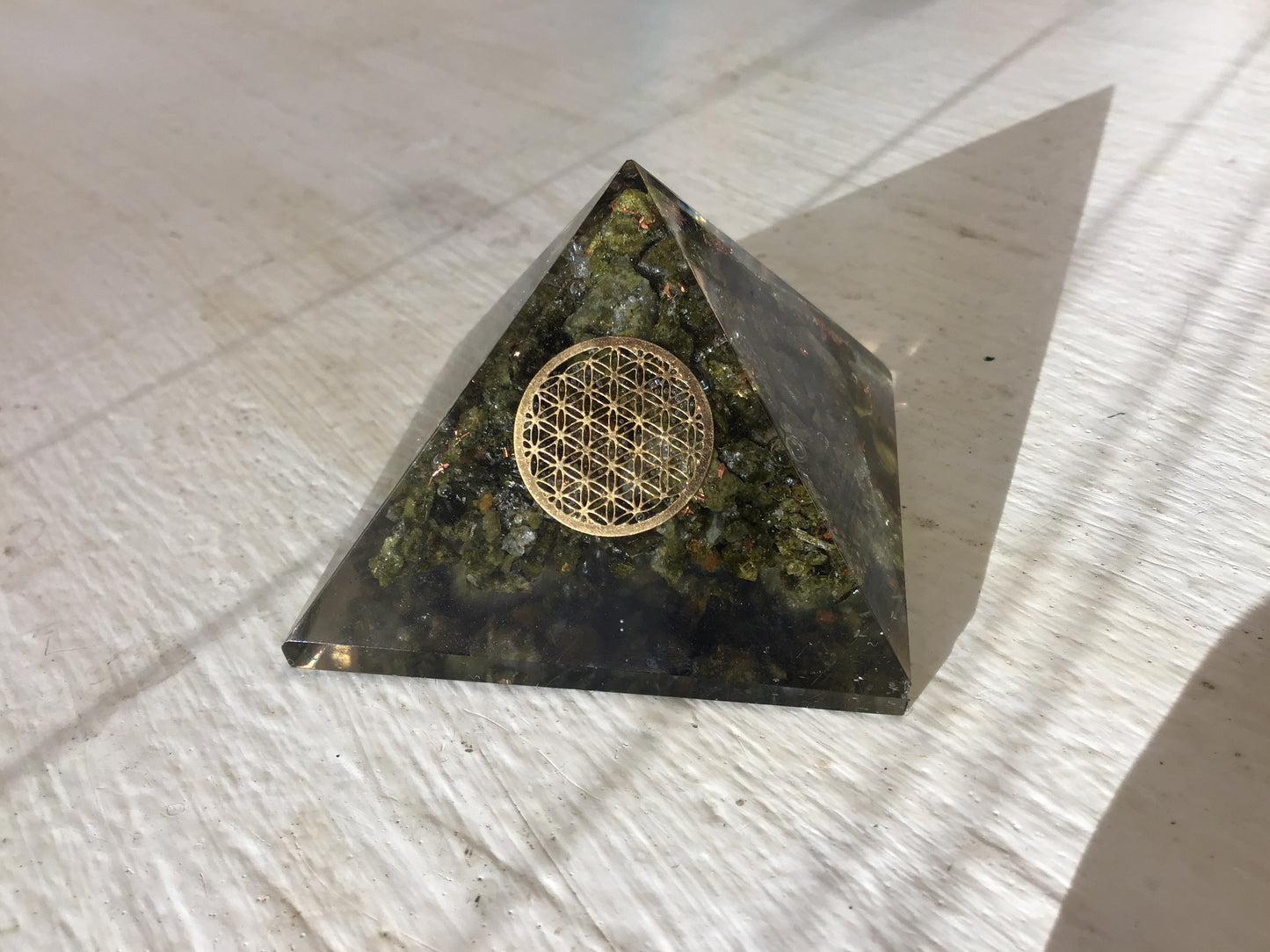2” Epidote flower of life Orgonite pyramid