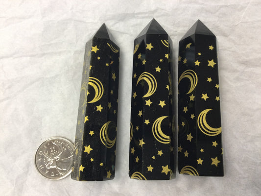Obsidian Point with Golden Moon & Stars