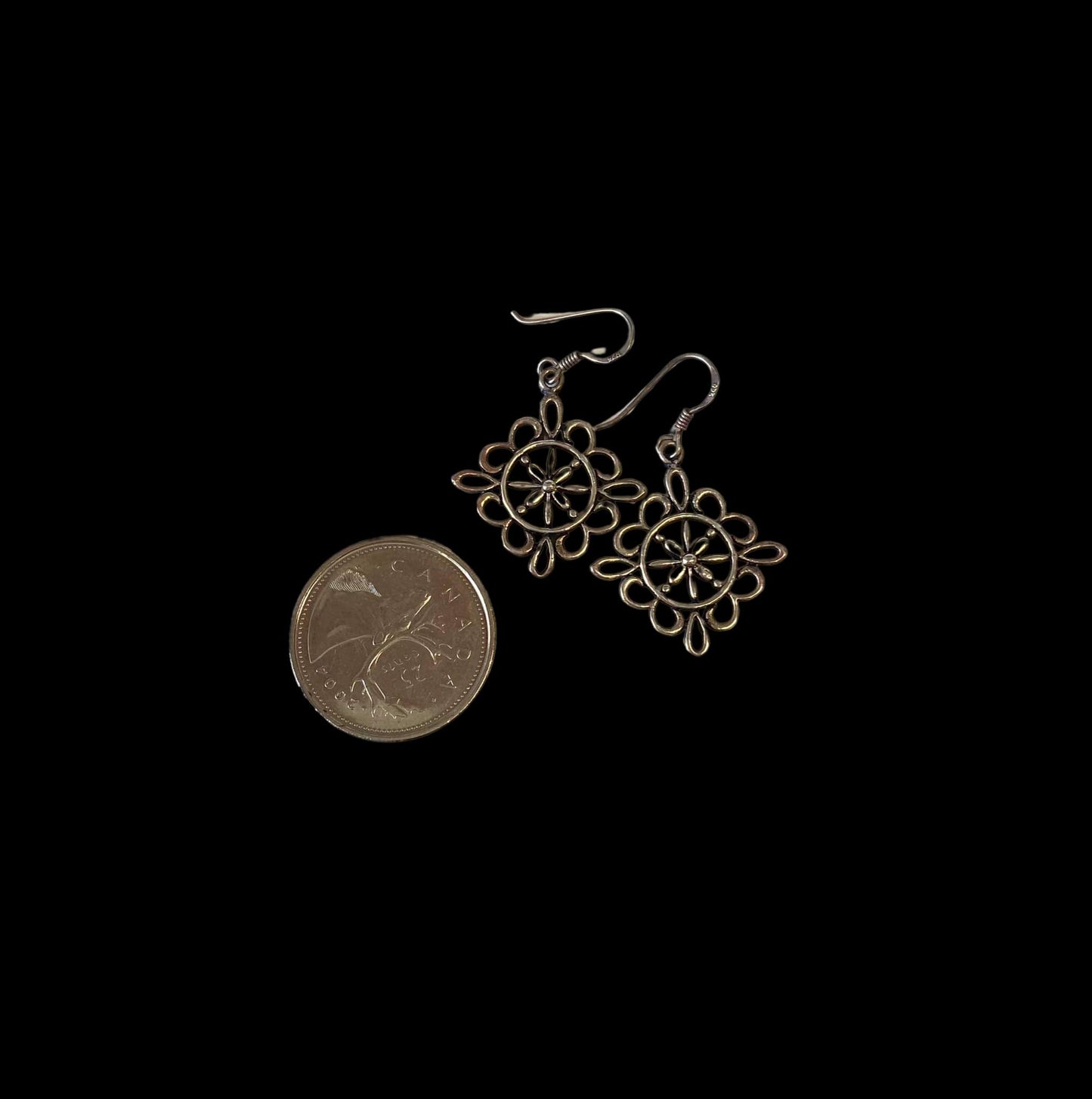 Silver Drop Earrings with Floral Motif