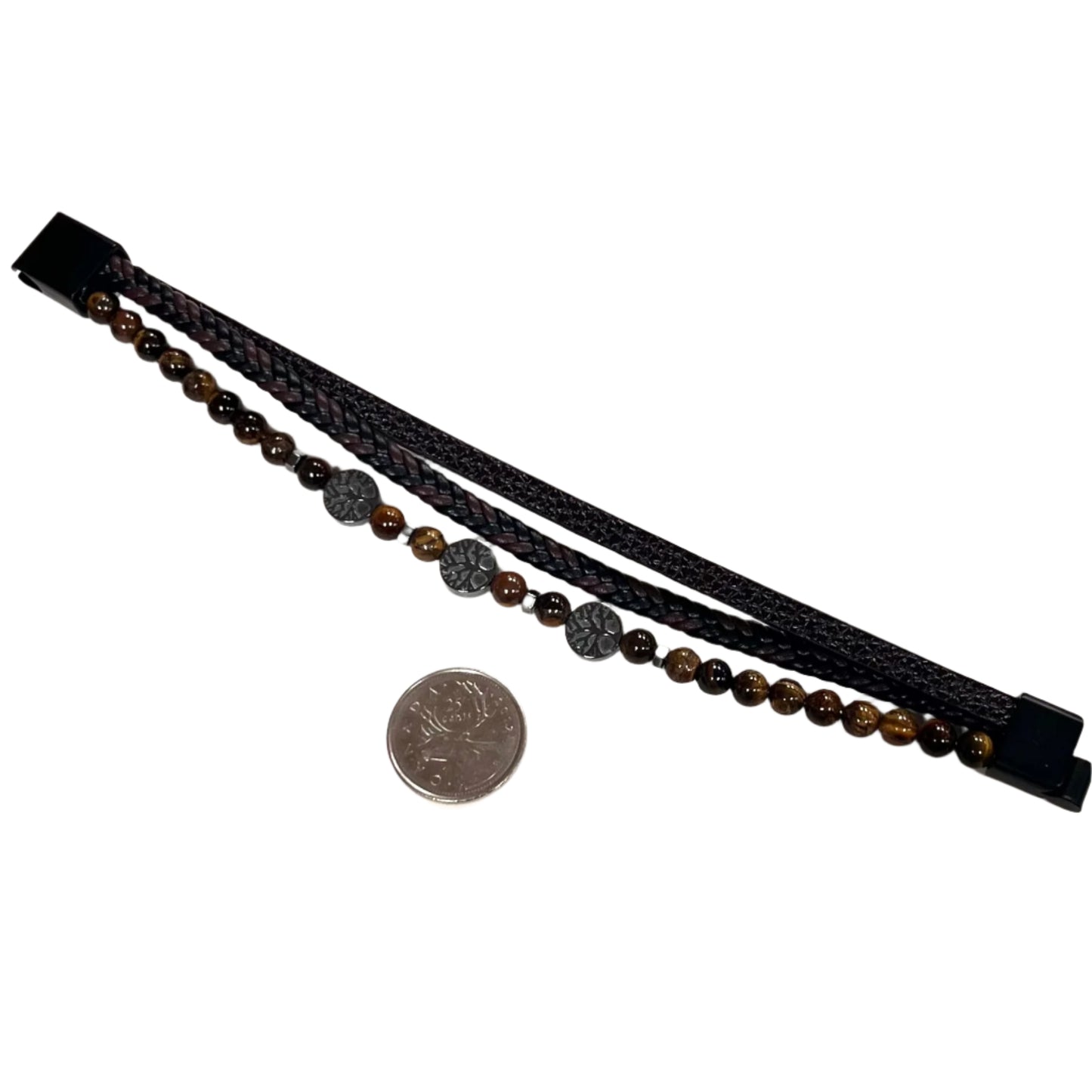 Three Strand Bracelet with Magnetic Clasp (Leather, Tiger Eye, Hematite)