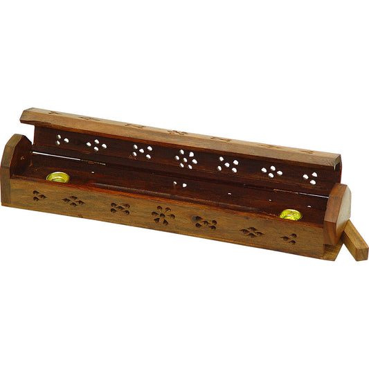 Wood Incense Storage Box, Fretwork with Brass Ohm Symbol Inserts