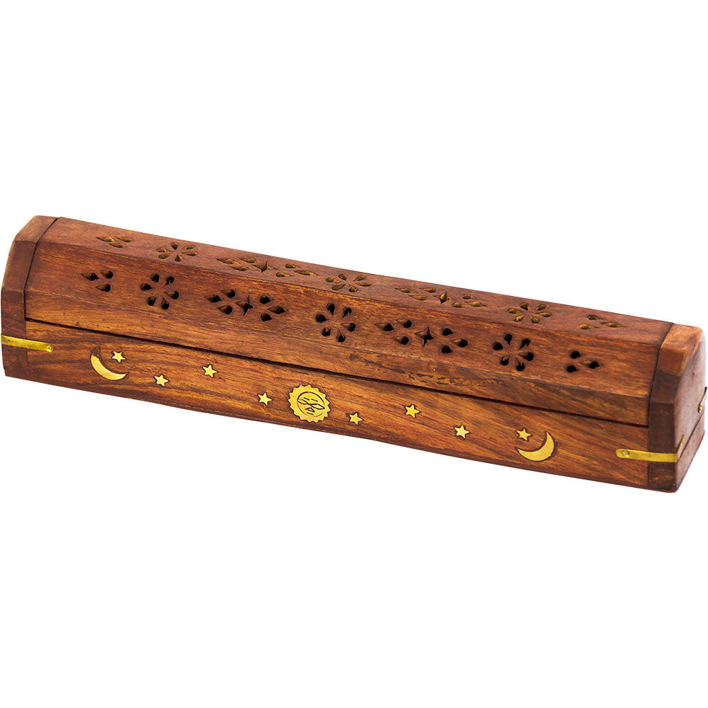 Wood Incense Storage Box, Fretwork with Brass Sun, Moon and Stars Inserts