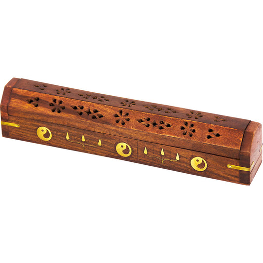 Wood Incense Storage Box, Fretwork with Brass Yin Yang Symbol Inserts