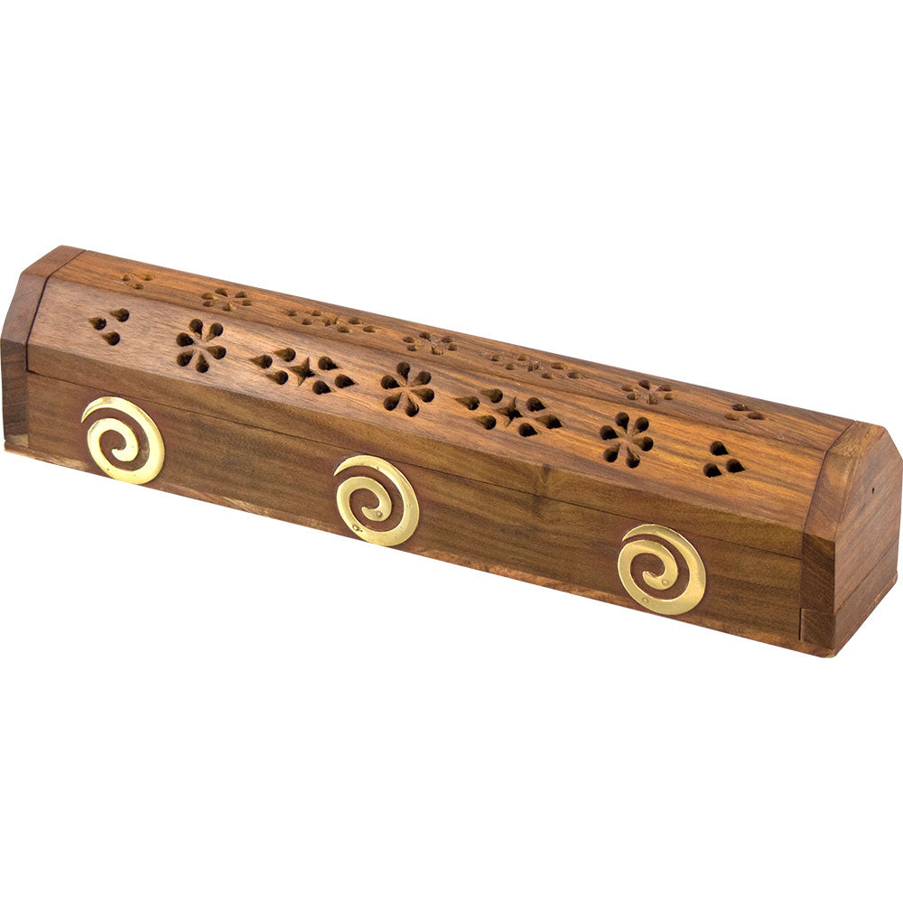 Wood Incense Storage Box, Fretwork with Brass Swirl Symbol Inserts