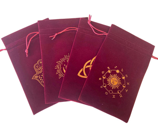 Medium Burgundy Velvet Drawstring Bags with Gold Design