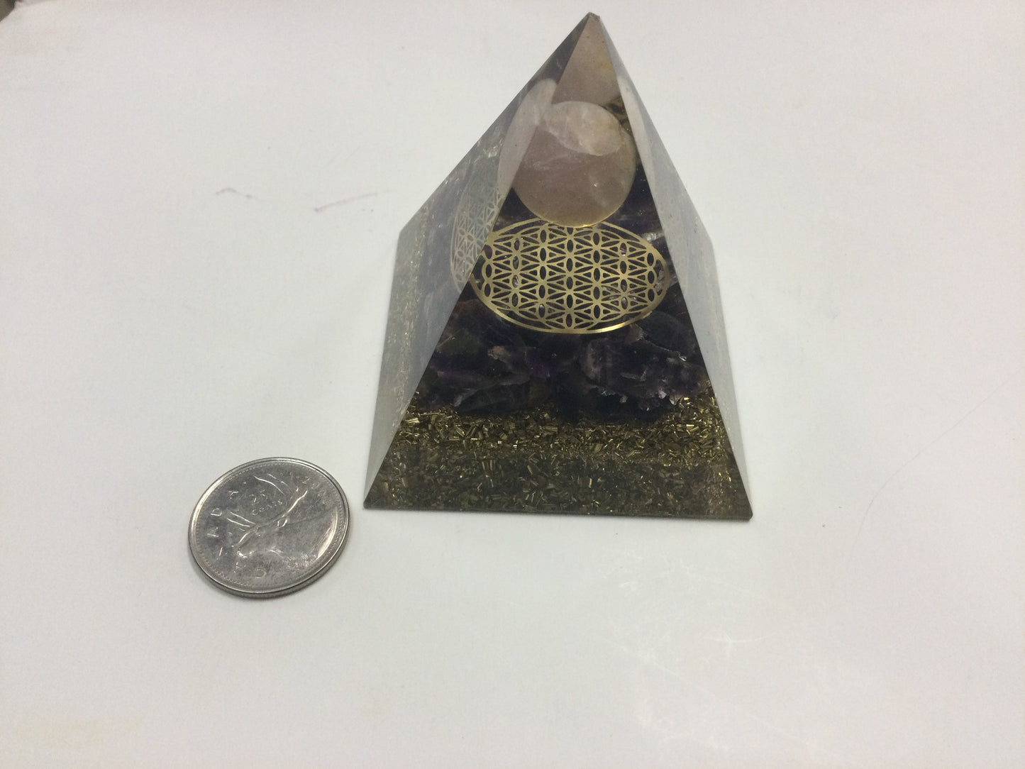 Orgonite Pyramid (Amethyst & Rose Quartz Sphere) with Flower of Life, 2.5” base