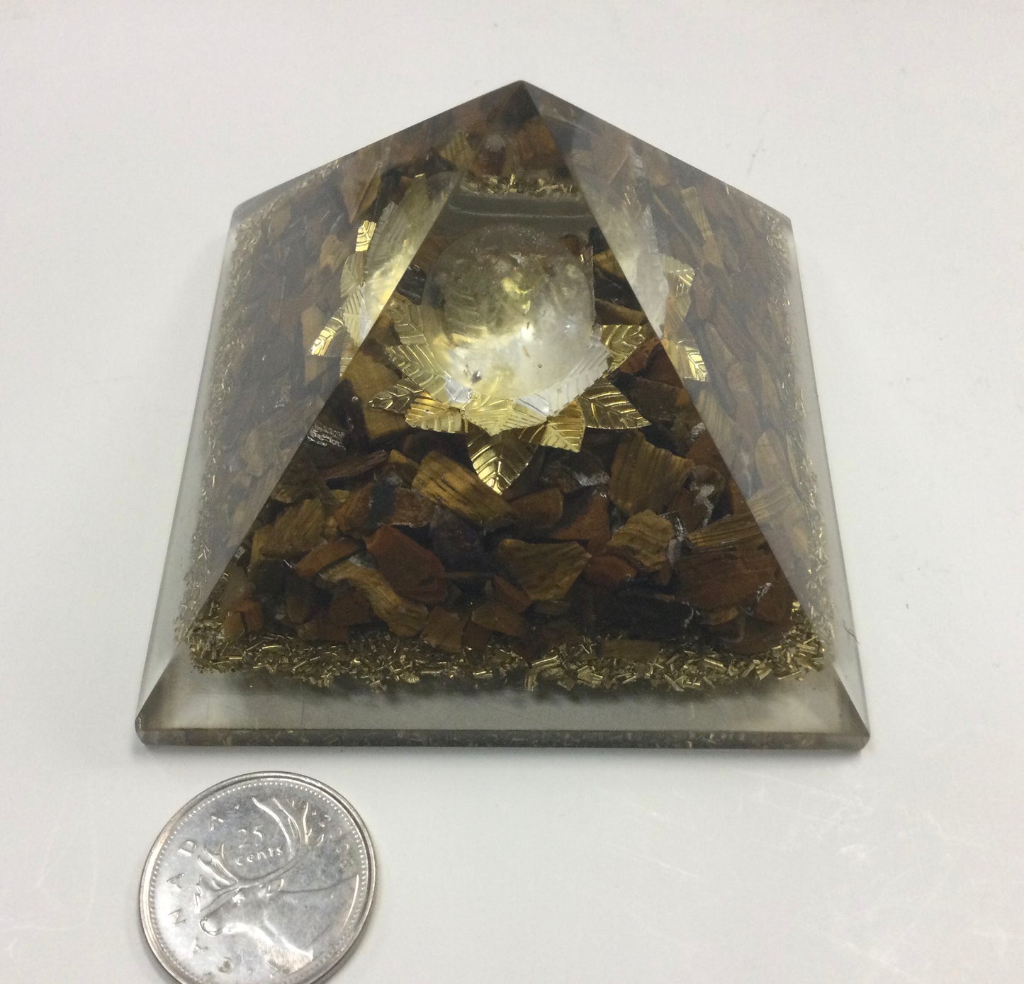 Orgonite Tiger’s Eye Pyramid with Clear Quartz Sphere & Goldfoil Lotus