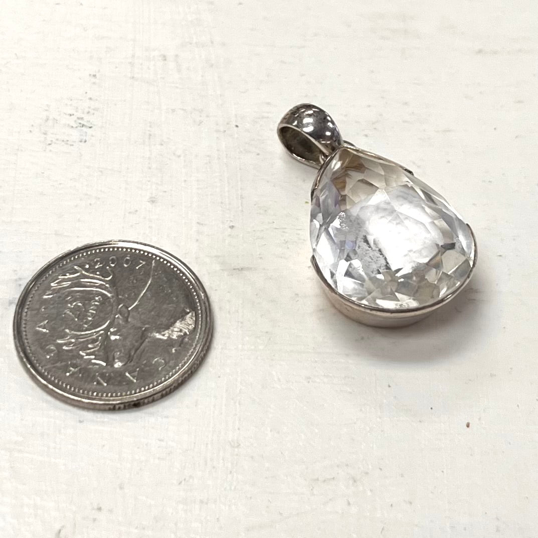 Large Faceted Tear Drop Quartz Pendant In Silver