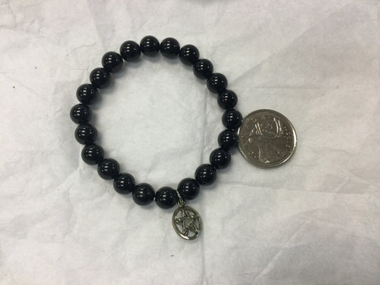 Black Agate 8 mm bead bracelet W  Pentacle Charm