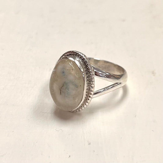 Oval Solar Quartz with Silver Detailing Size 7