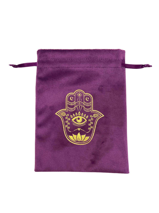 Purple Velvet Drawstring Bag with Hamsa