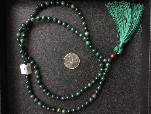 Green, Moss Agate Mala with Green Tassle and Wooden Bead