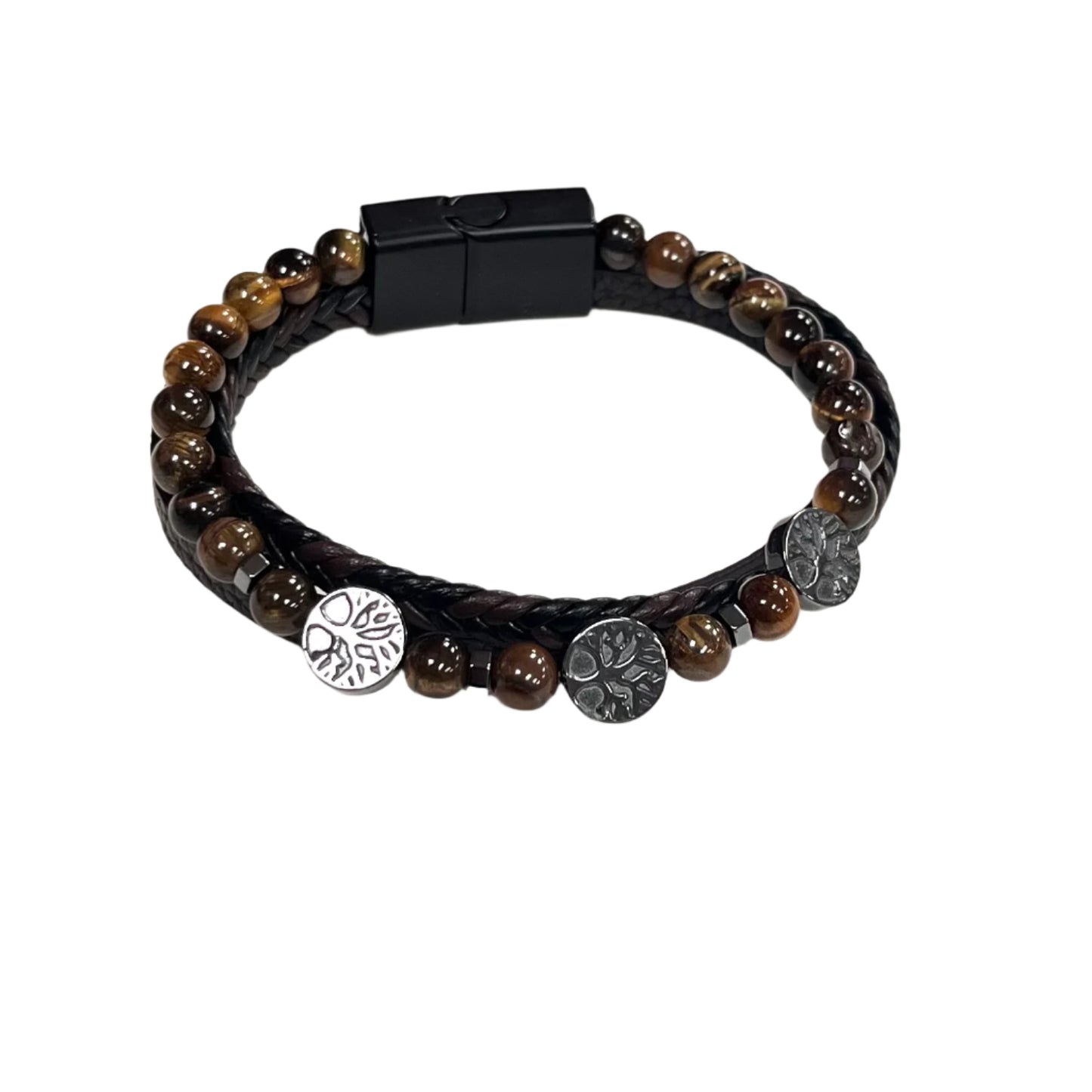 Three Strand Bracelet with Magnetic Clasp (Leather, Tiger Eye, Hematite)