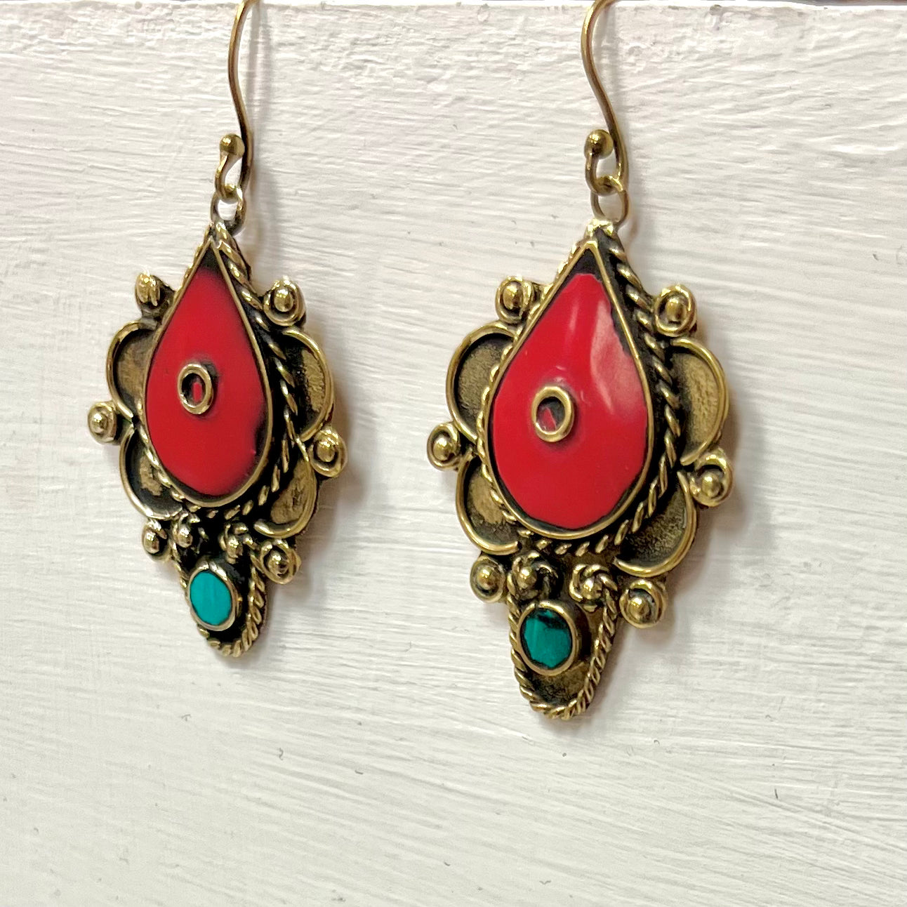 Tri-Metal Drop style Earring with Red and Turquoise Coloured Bead