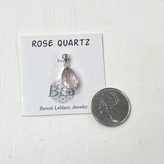 Faceted Rose Quartz Pendant Tear Drop in Silver