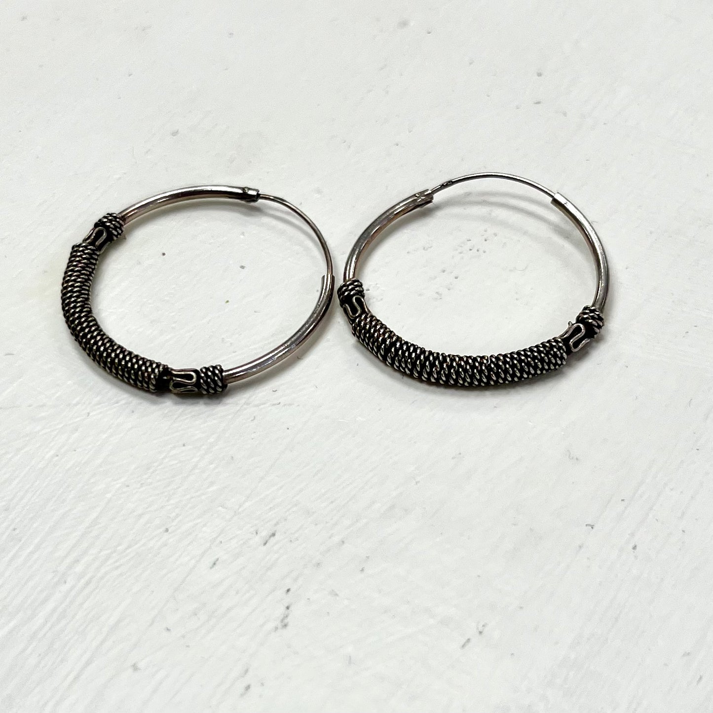 Silver Hoop Earrings with coil and ball detailing