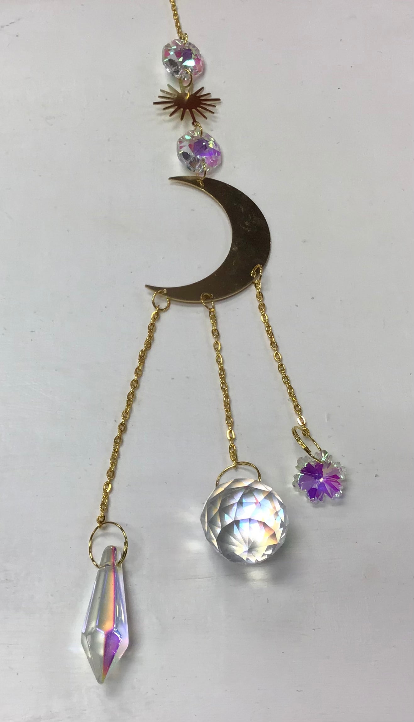 Suncatcher, Golden Metal Moon and Sun, 3 Crystals Hanging from Moon