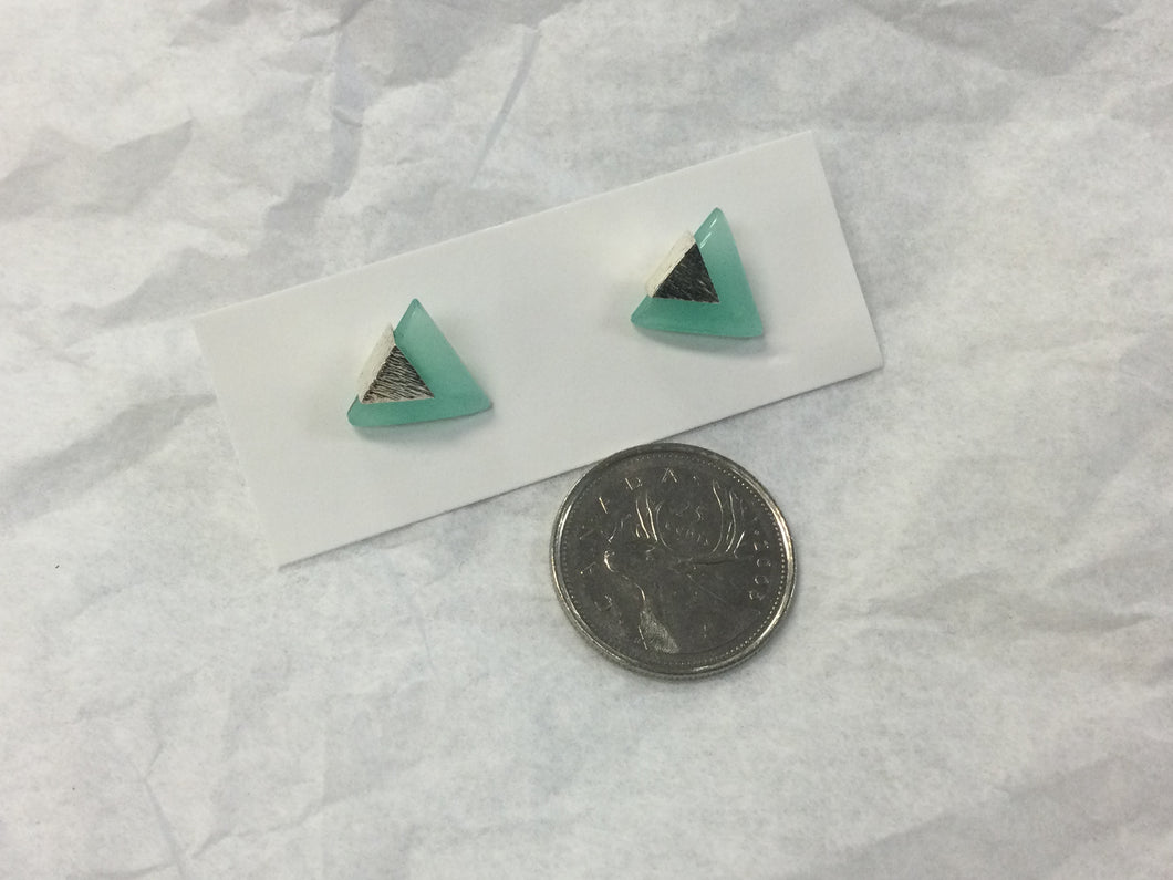 Triangular Chalcedony Earrings, Studs with Silver Overlay