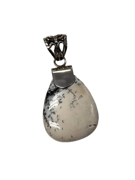 Teardrop Dendritic Agate Pendant w/ Silver Clasp 35mm