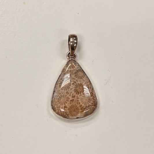Agatized Coral Teardrop 30mm Pendant Set In Silver