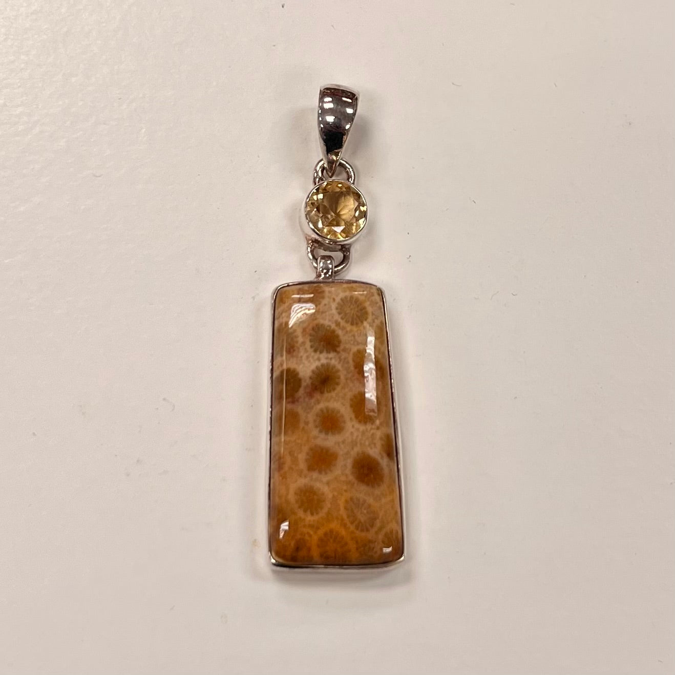 Rectangular Agatized Coral Pendantw/ Faceted Citrine Gem 45mm