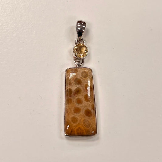 Rectangular Agatized Coral Pendantw/ Faceted Citrine Gem 45mm
