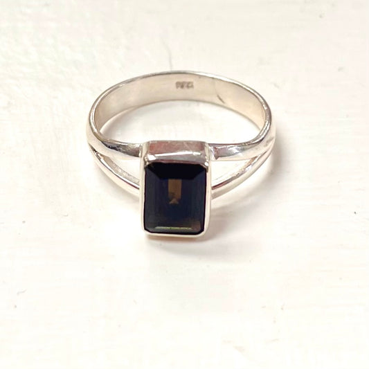 Rectangular 8mm Faceted Smoky Quartz Ring in Silver