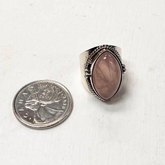 Silver Navette Rose Quartz Ring Size 6
